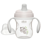 Baby bottle with handles and a sloth design on a white background