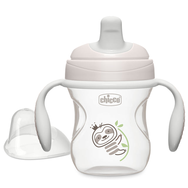 Baby bottle with handles and a sloth design on a white background