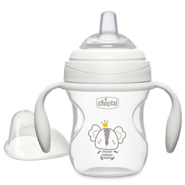 Baby bottle with handles and a design on a white background