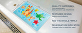 Children's bath mat with cartoon characters on a tiled bathroom floor, featuring text about product features.