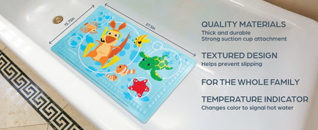 Children's bath mat with cartoon characters on a tiled bathroom floor, featuring text about product features.