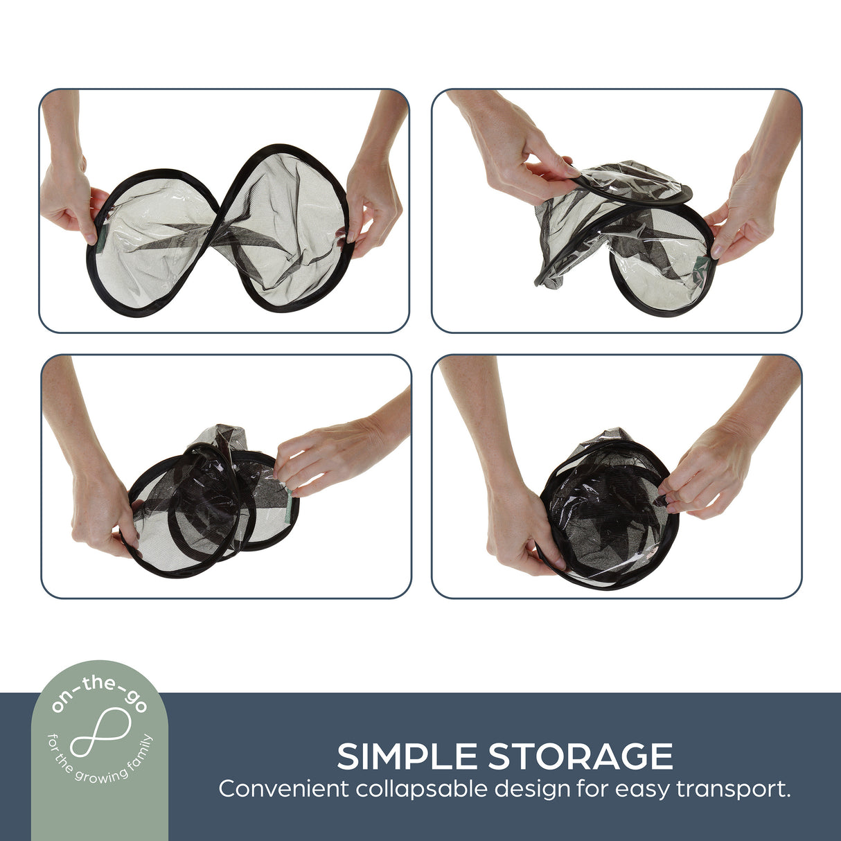 Collapsible car shade being demonstrated with text about convenient transport.