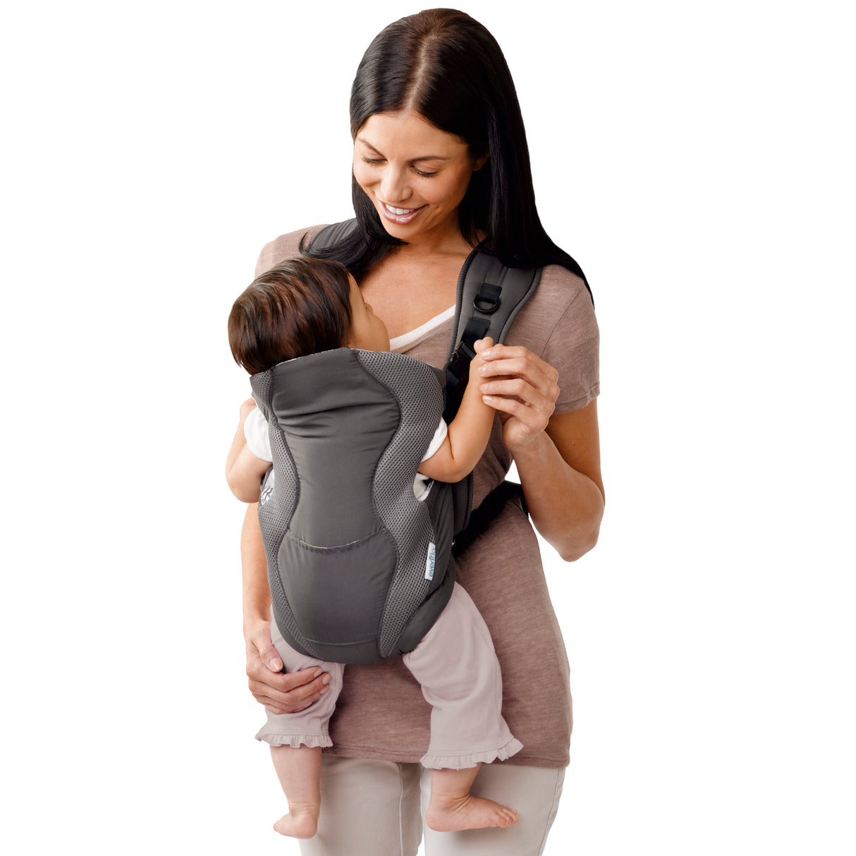 Woman carrying a child in a gray baby carrier on a white background