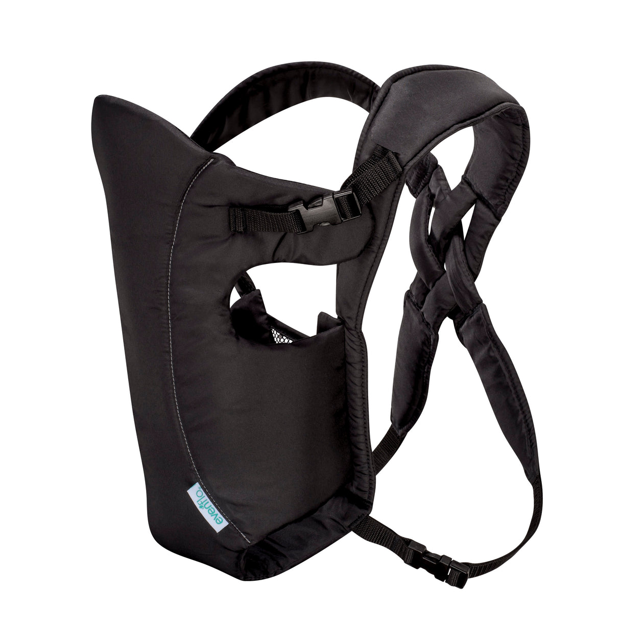 Black baby carrier with straps on a white background