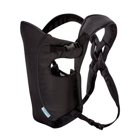 Black baby carrier with straps on a white background