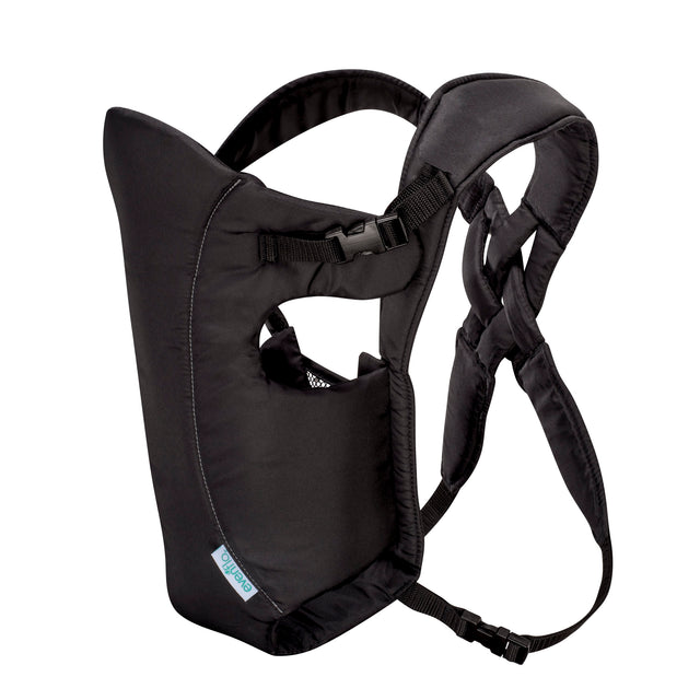 Black baby carrier with straps on a white background