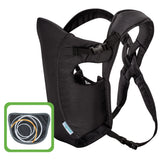 Black baby carrier with close-up inset on a white background