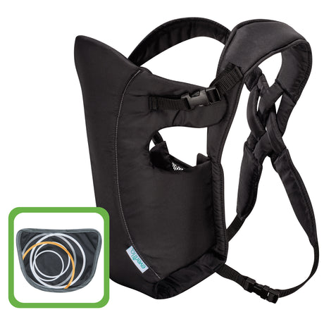 Black baby carrier with close-up inset on a white background