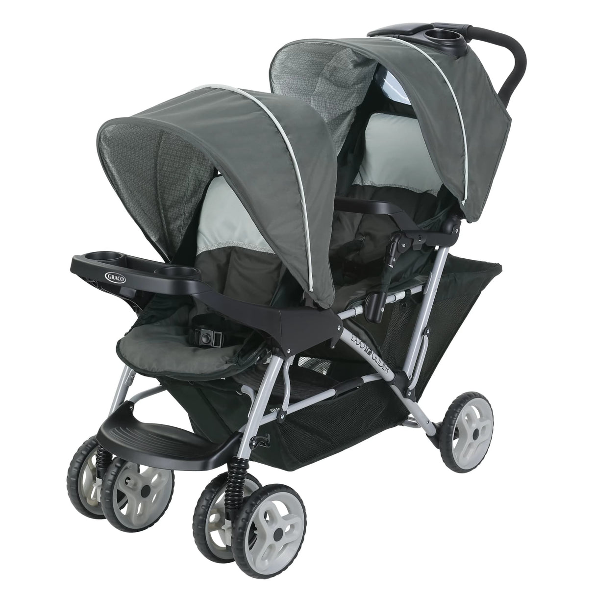 Double stroller with gray canopy and black seats on a white background
