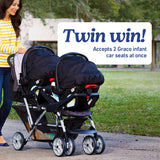 Twin stroller with text 'Twin win! Accepts 2 Graco infant car seats at once' in a park setting.