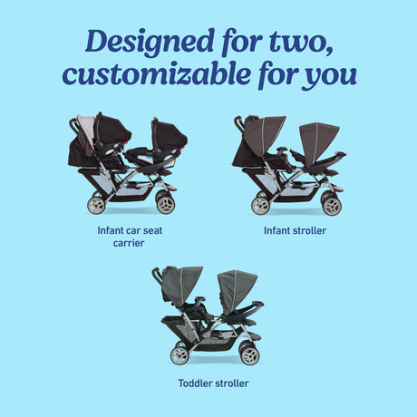 Multifunctional stroller system with text 'Designed for two, customizable for you' on a blue background.