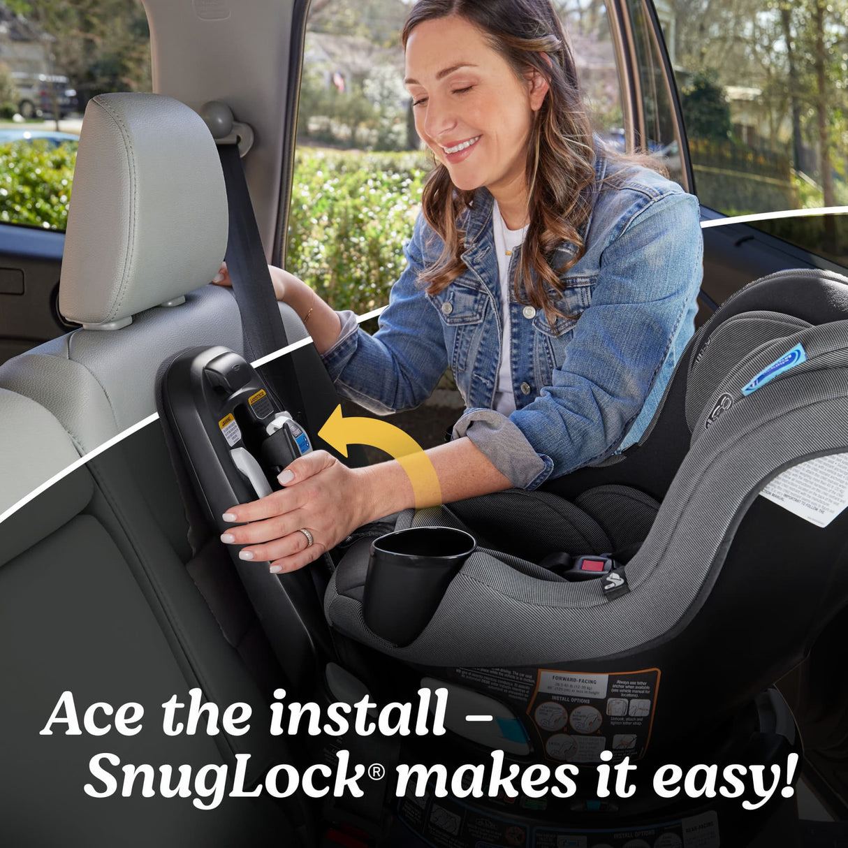 Woman installing a car seat with text 'Ace the install - SnugLock makes it easy!'