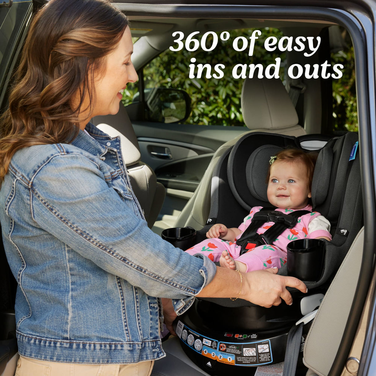 Woman securing a child in a car seat with text '360° of easy ins and outs'.