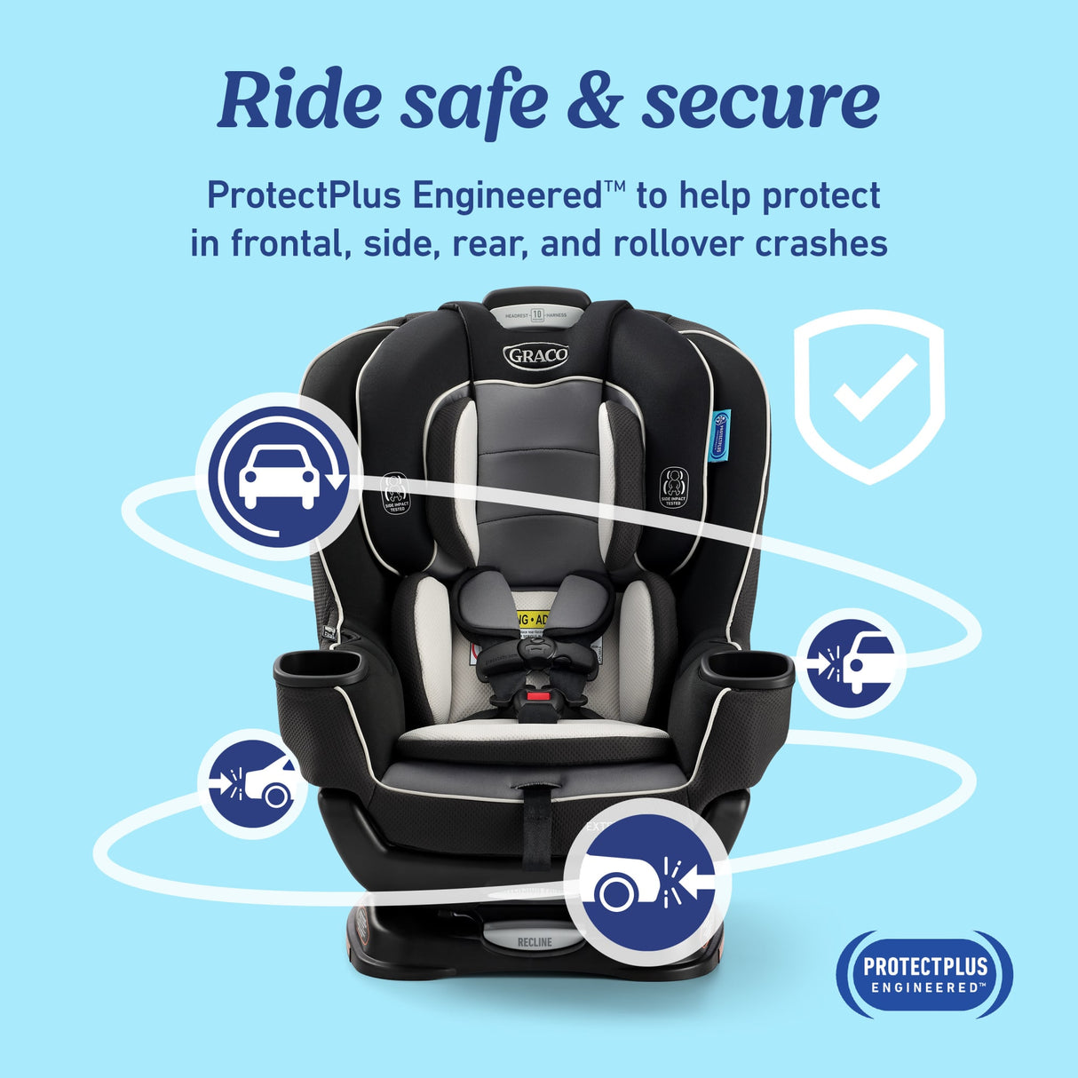 Black car seat with safety features highlighted on a blue background