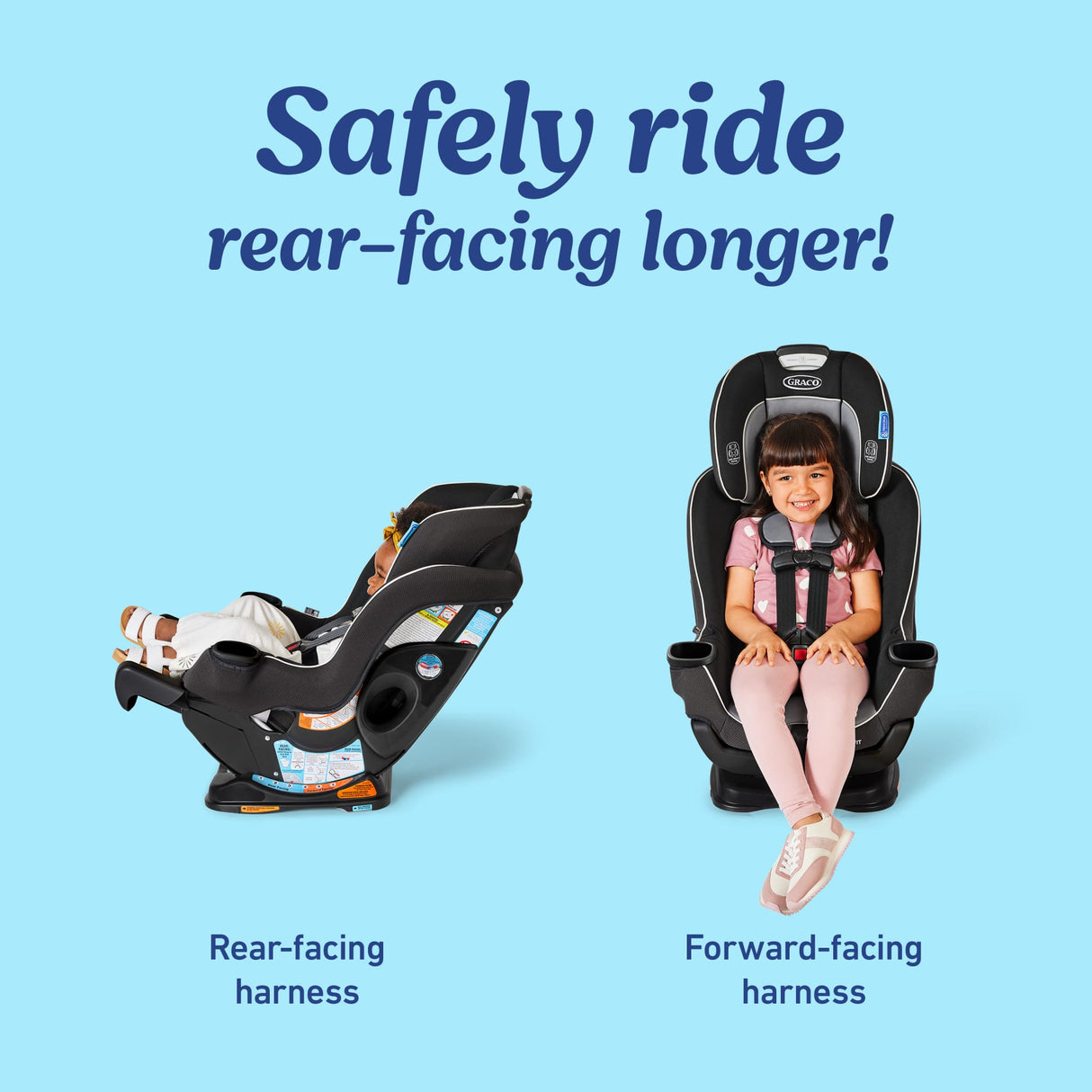 Child in a car seat with text 'Safely ride rear-facing longer!' on a blue background