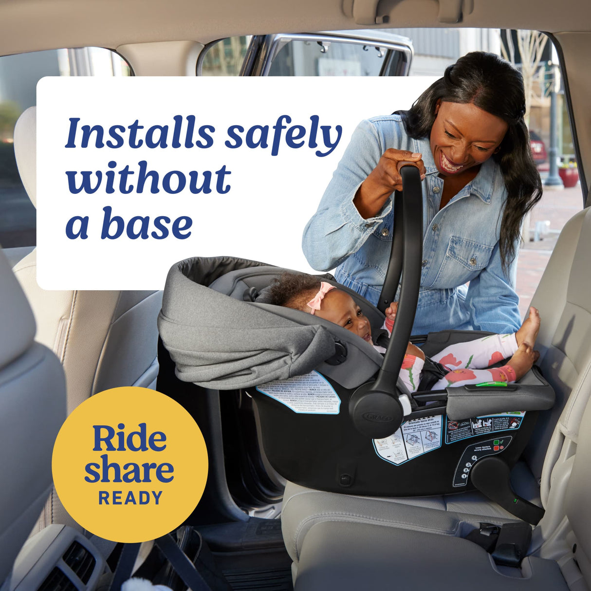 Woman securing a child in a car seat with text about safety features.