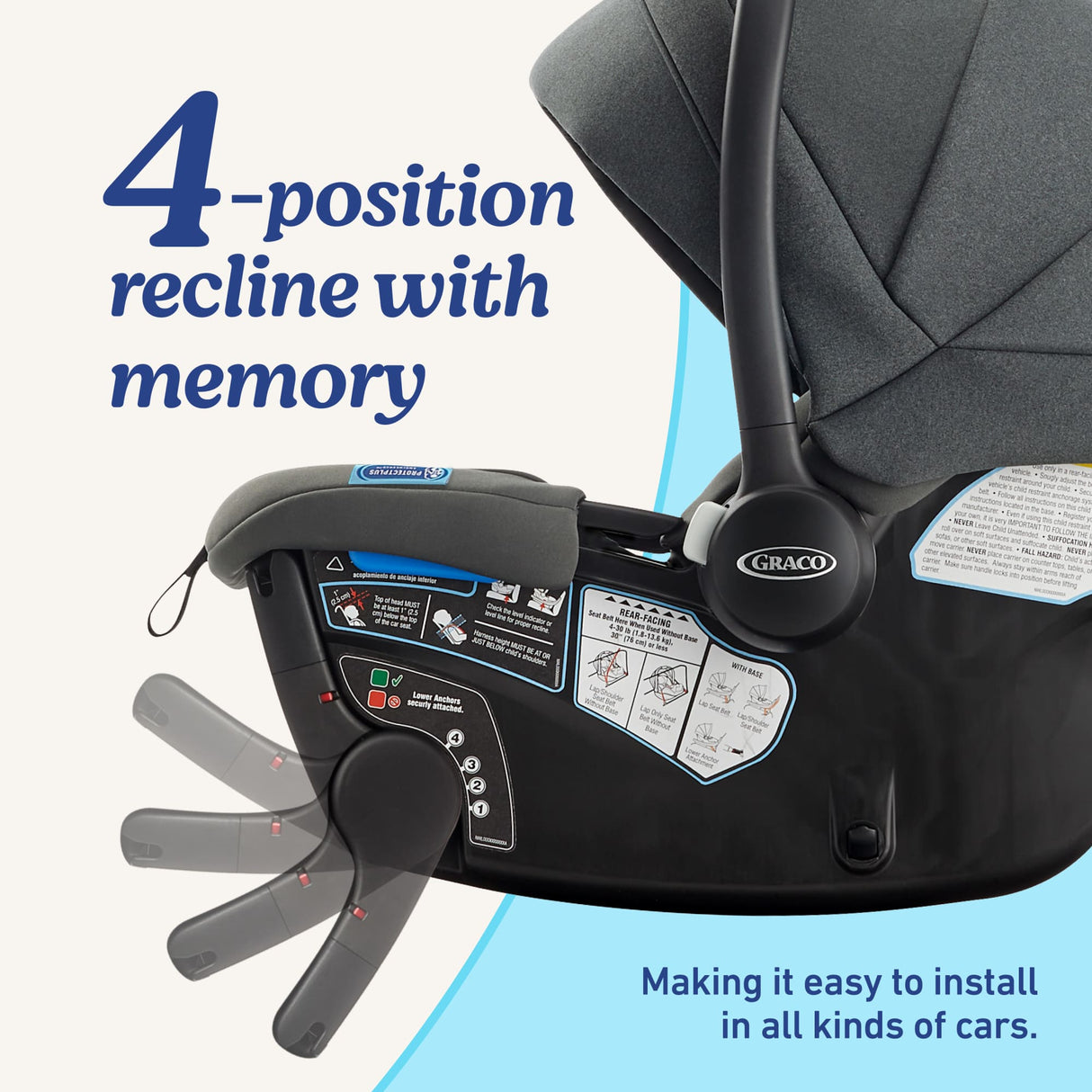 Graco car seat with recline adjustment feature on a white and blue background