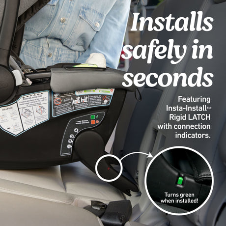 Car seat installation with text indicating safe installation and features of Insta-Install Rigid LATCH system.