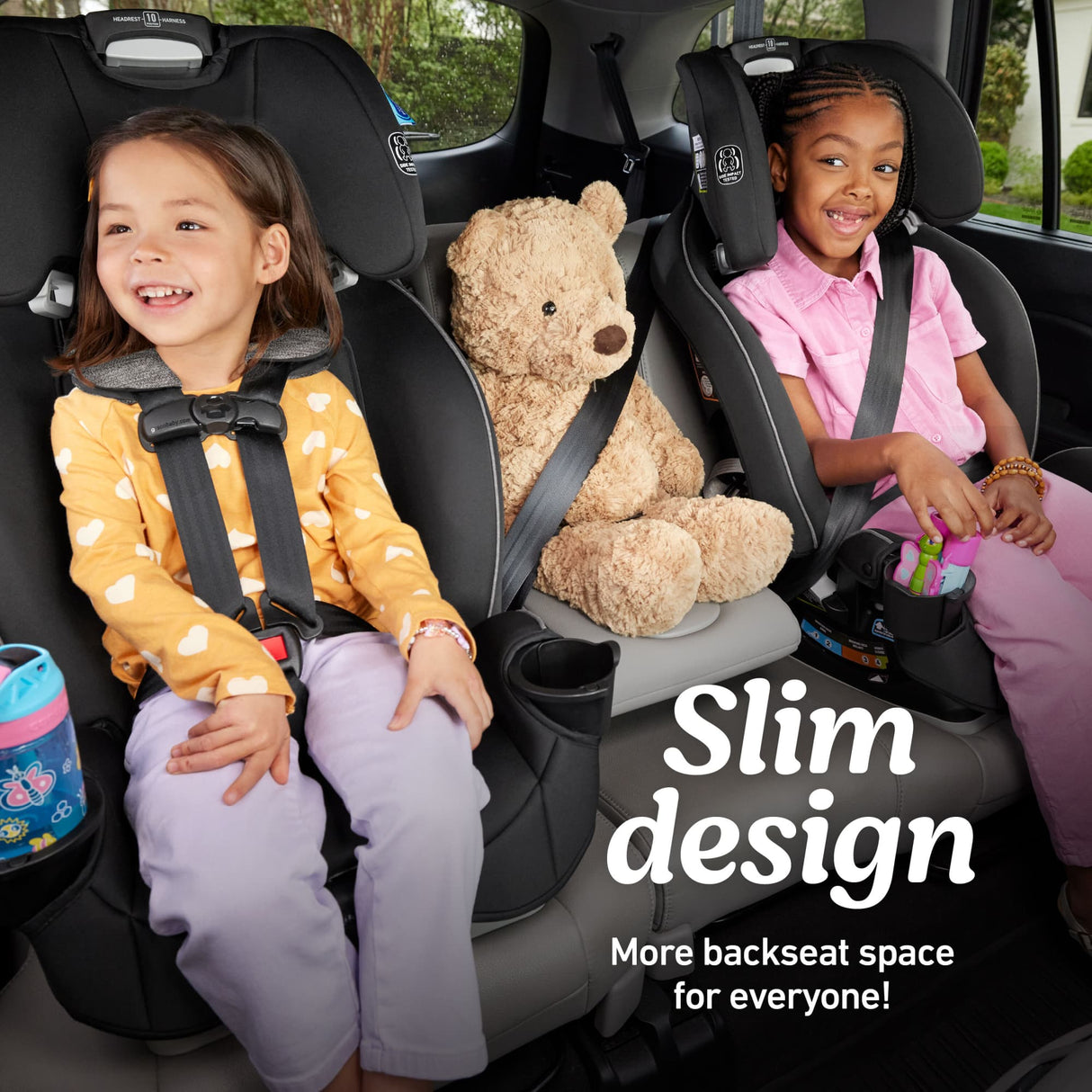 Two children sitting in car seats with a teddy bear, surrounded by 'Slim design' text.
