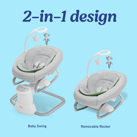 2-in-1 baby swing and removable rocker on a blue background with text '2-in-1 design'.
