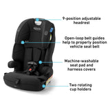 Black Graco car seat with features highlighted on a white background