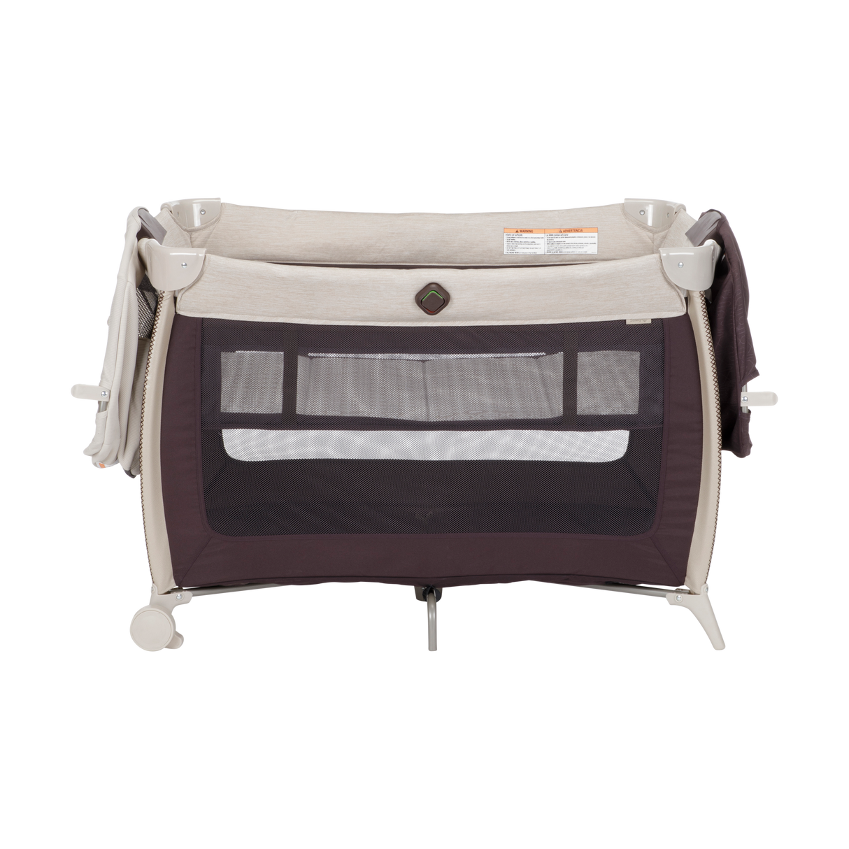 Portable baby crib with beige and black design on a white background
