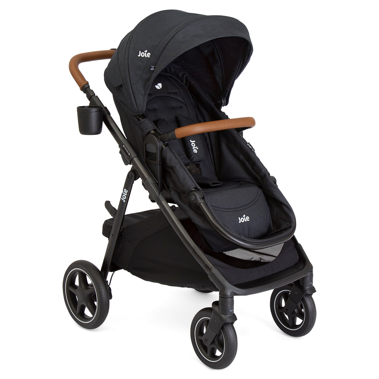 Black stroller with brown handles on a white background