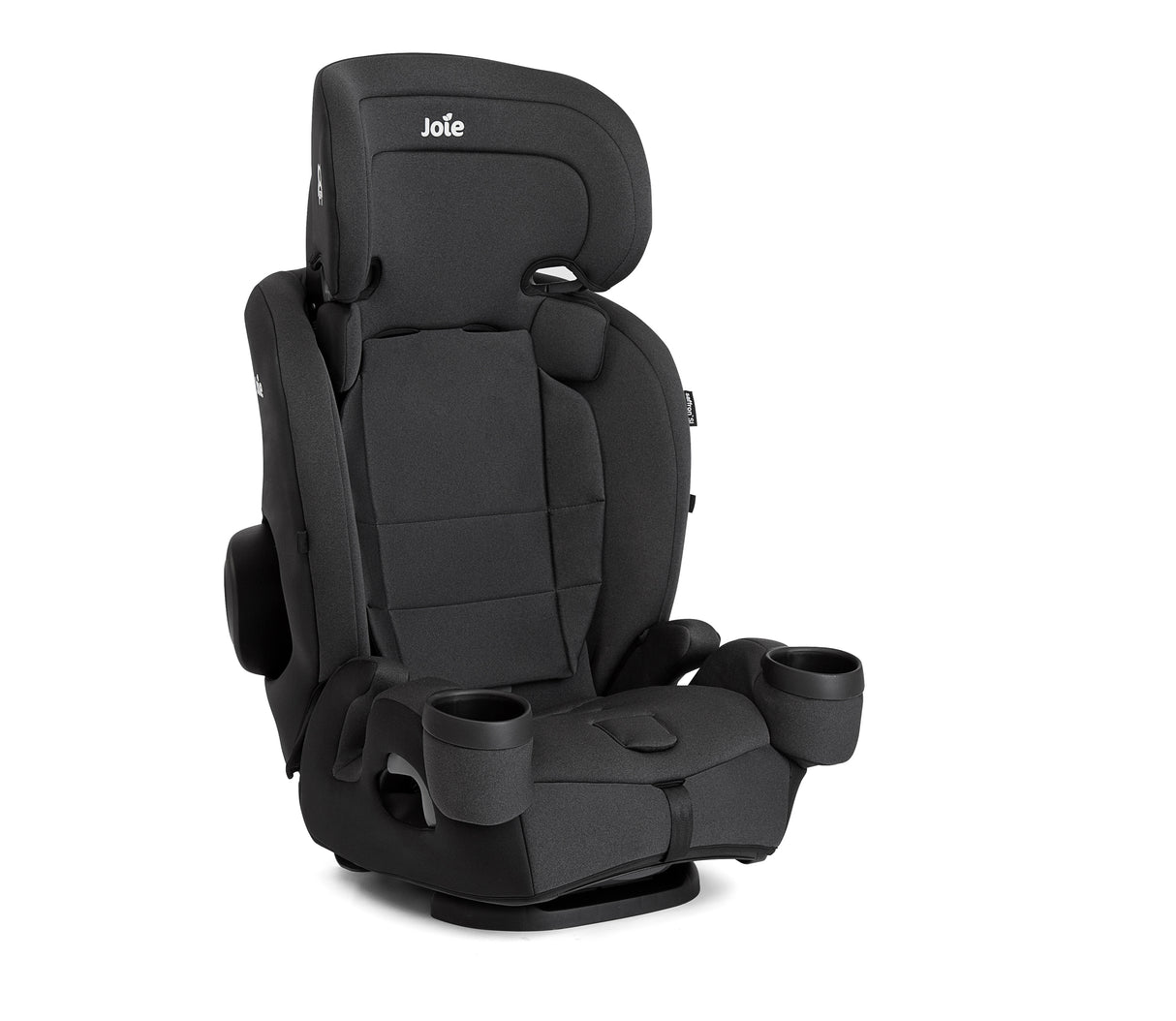 Black child car seat with cup holders on a white background