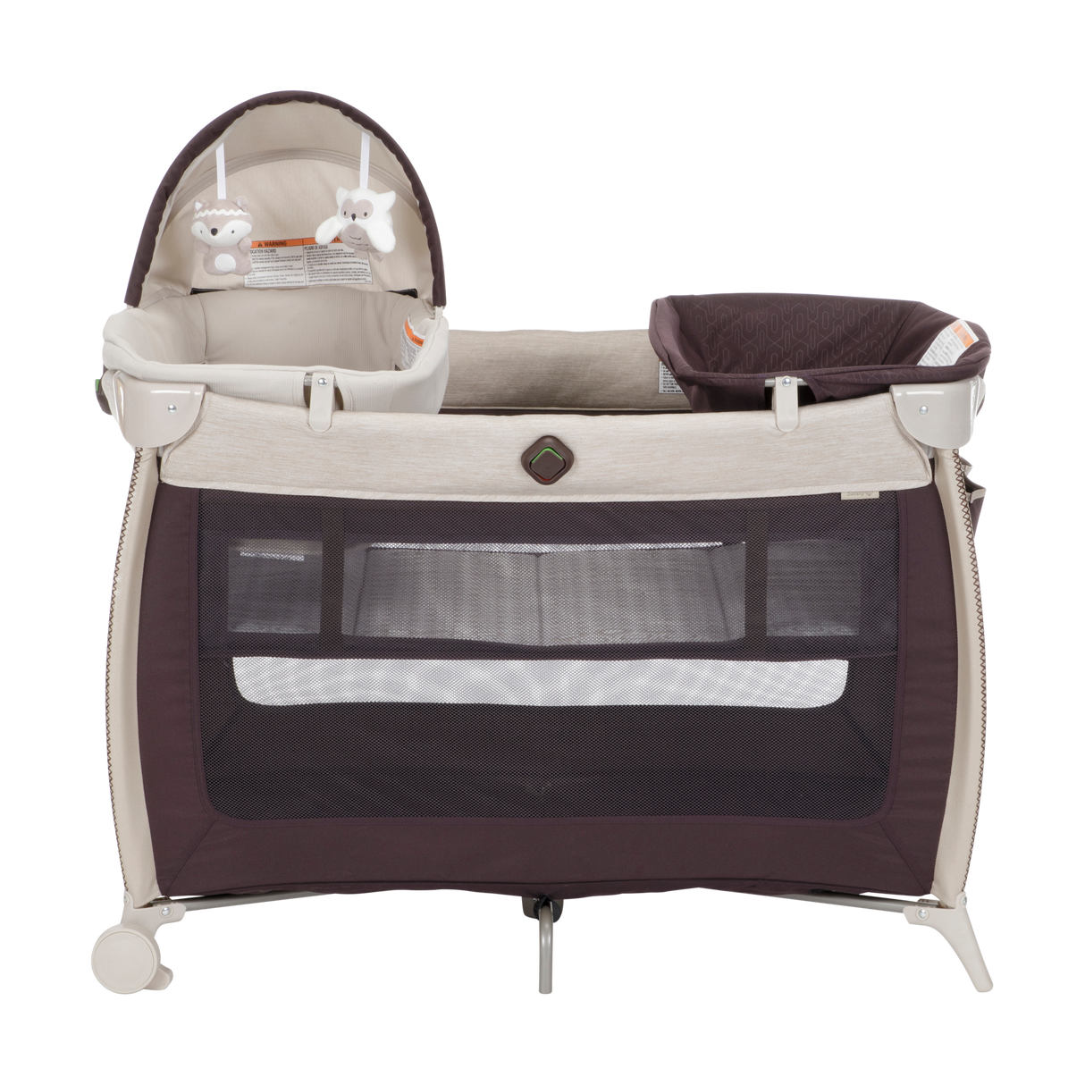 Portable baby crib with dark and beige color scheme on a white background