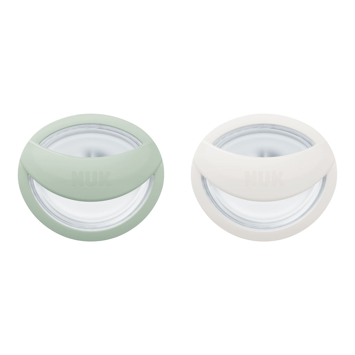 Two round containers with lids, one green and one white, on a white background.