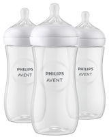 Three Philips Avent baby bottles on a white background