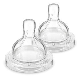 Two clear anti-colic baby bottle nipples on a white background