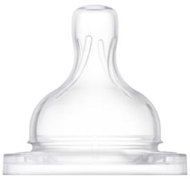 Clear baby bottle nipple on a white background
