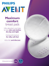 Philips Avent maximum comfort breast pads packaging on a purple background