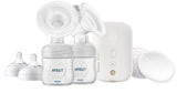 Philips Avent breast pump set with bottles on a white background