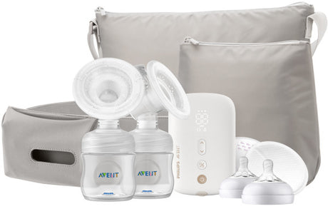 Philips Avent breast pump set with bags and bottles on a white background