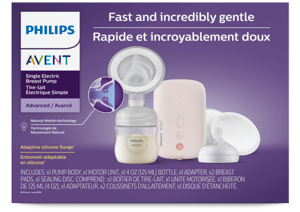 Philips Avent single electric breast pump packaging on a purple background