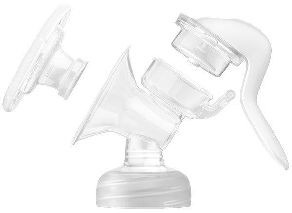 Clear breast pump parts on a white background