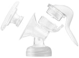Clear breast pump parts on a white background