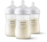 Three Philips Avent baby bottles on a white background