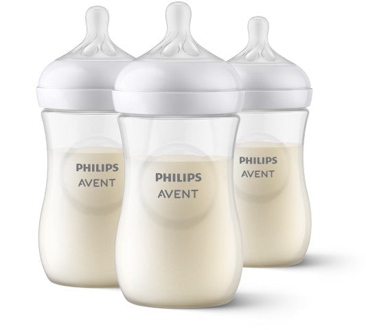 Three Philips Avent baby bottles on a white background