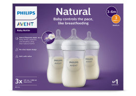 Philips Avent baby bottles packaging with text on a purple background