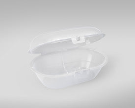 Clear plastic pacifier container with lid on a light gray background