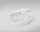 Clear plastic pacifier container with lid on a light gray background