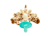 Plush giraffe toy with a teal pacifier on a white background
