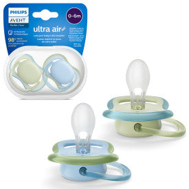 Two baby pacifiers with a Philips Avent packaging on a white background