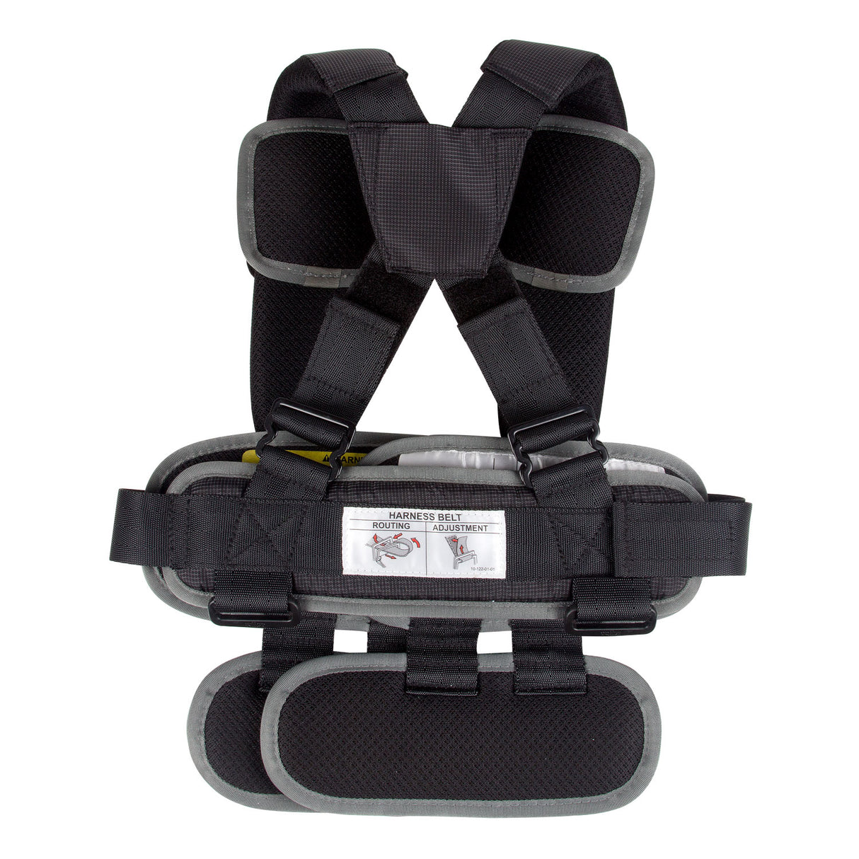 Black and gray safety harness on a white background