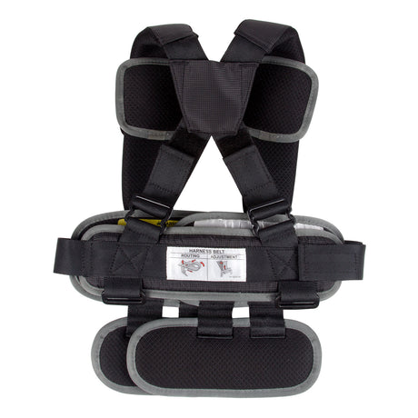 Black and gray safety harness on a white background