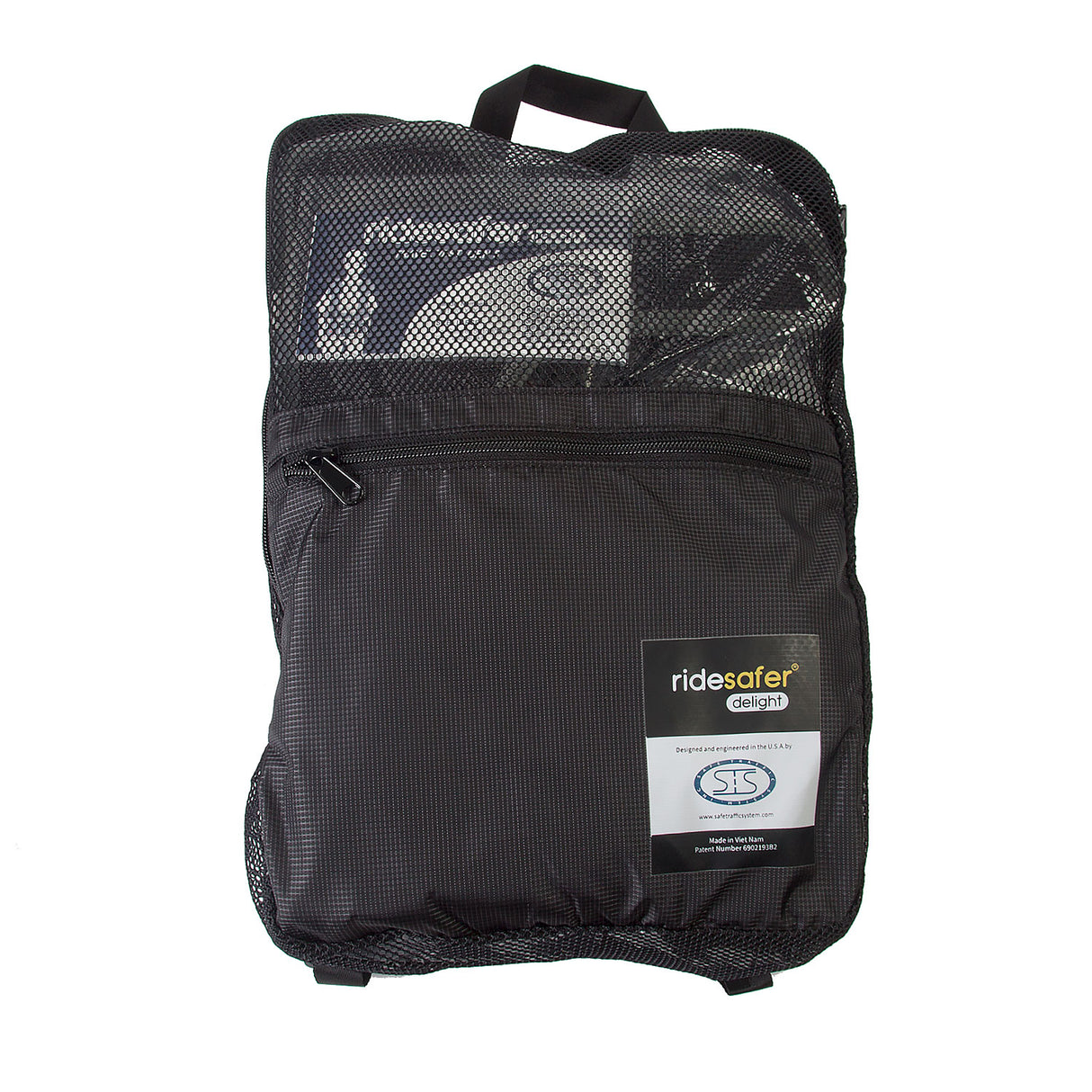 Black mesh backpack with 'ridesafer' branding on a white background