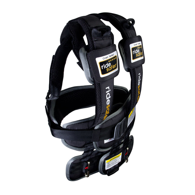 Black safety harness with 'ride safer' branding on a white background